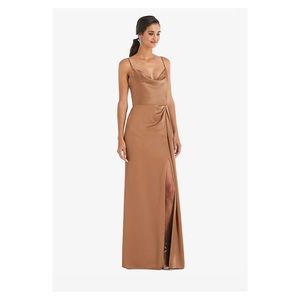 Cowl-neck draped wrap maxi dress with front slit in toffee - Dessy Group